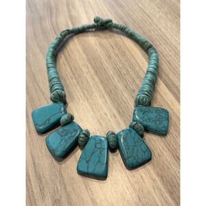 Vintage Turquoise Slab Necklace Boho Southwestern Style Beaded Rope‎ Unique